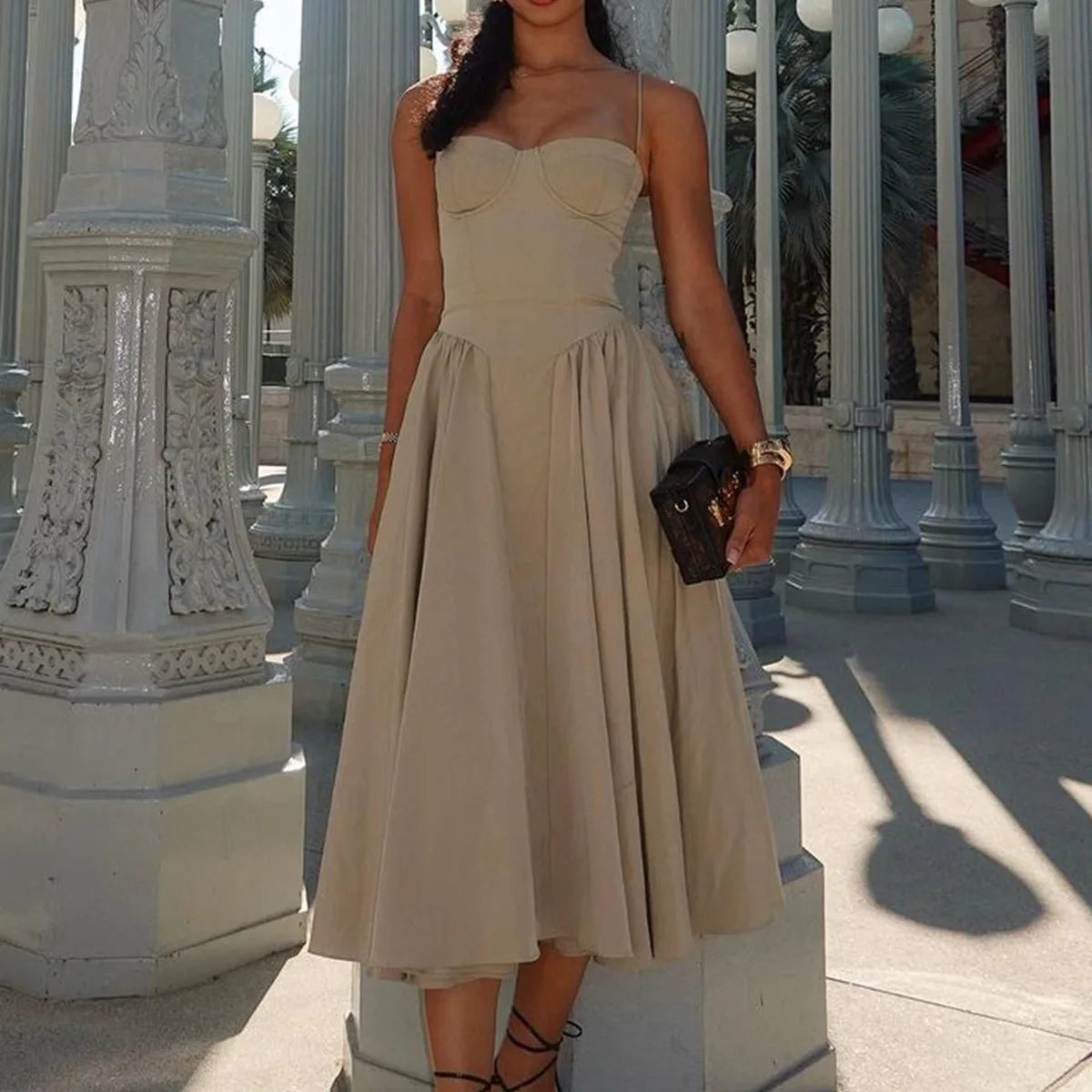 Suninheart Spaghetti Strap Summer Party Dresses 2025 New Arrivals Fit and Flare Elegant Midi Dress Red Night Date Dress - Shellss