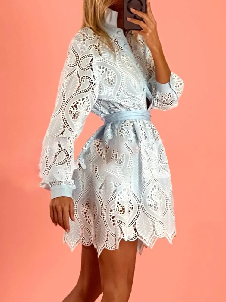 Hollow-Out Embroidery Mini Dress