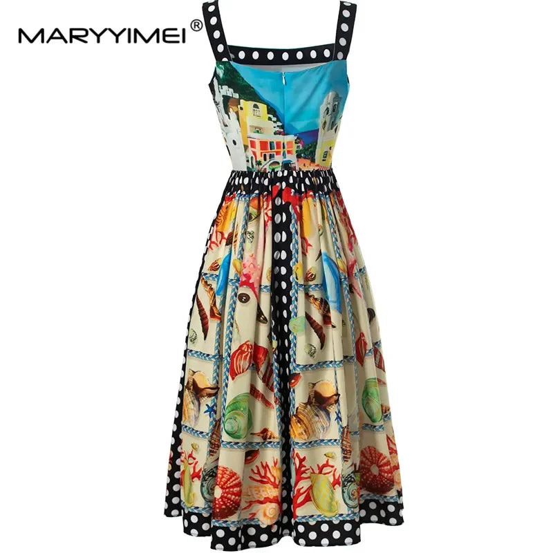MARYYIMEI Spring Summer Women's Square Necked Sleeveless Spaghetti Strap Backless Single breasted Bohemia Vacation Dresses