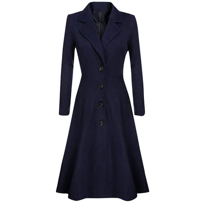 Long Trench Coat Winter Lapel Button Jacket Slimming Waist Pleated Hem