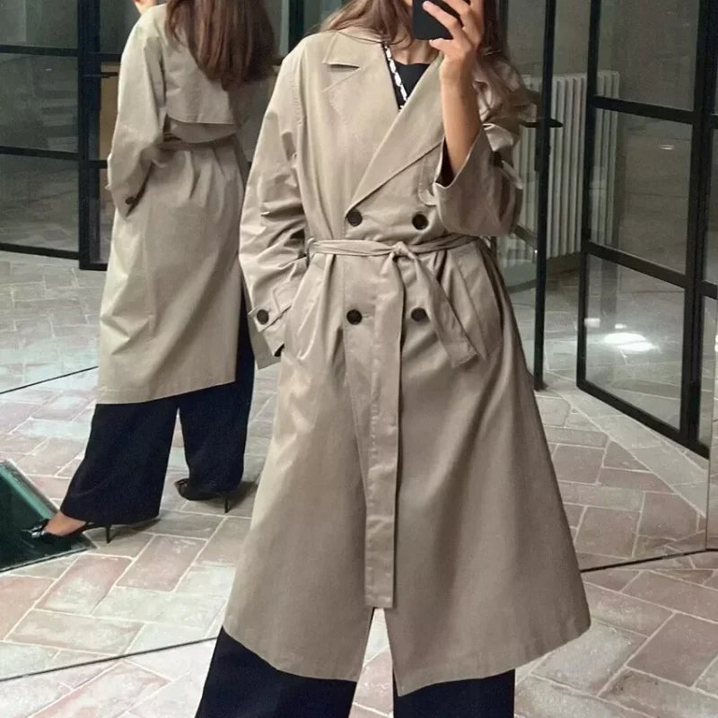 Belted double-breasted long windbreaker jacket for women fashionable versatile and high-end coat jacket