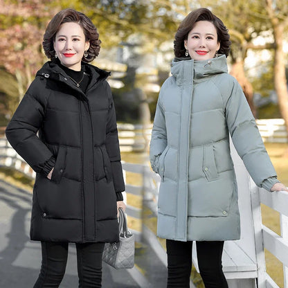 Winter Cotton padded Jacket Hooded solid color fleece thick Parkas Warm Loose Long Overcoat middle aged and Grandma Snow Coat