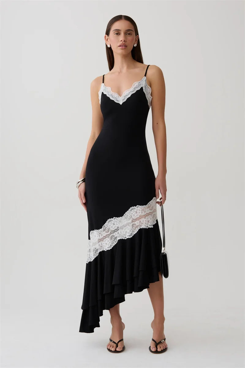Mozision Women Spaghetti Strap V‑Neck Sexy Midi Dress Contrast White Lace Patchwork Ruffle Hem Bodycon Party Evening Dresses