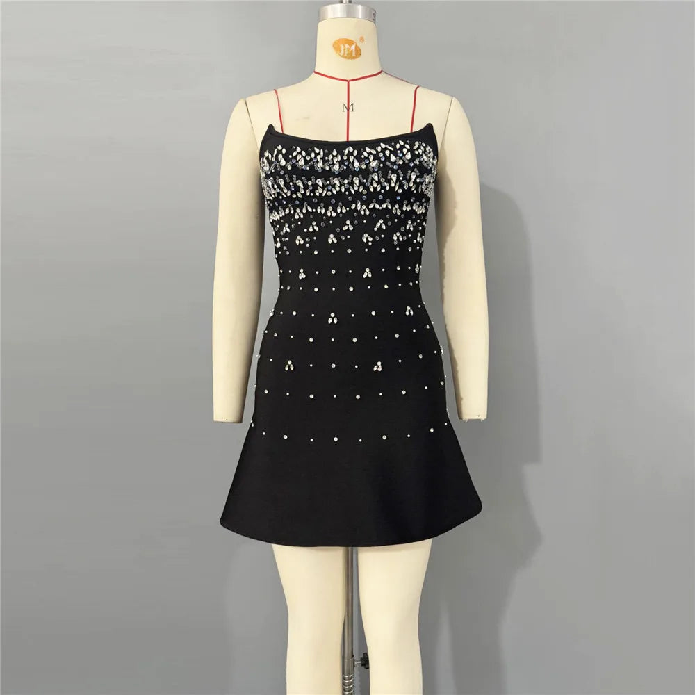 New nail bead studded diamond strapless bandage dress party evening dress A-line dress socialite banquet party evening dress