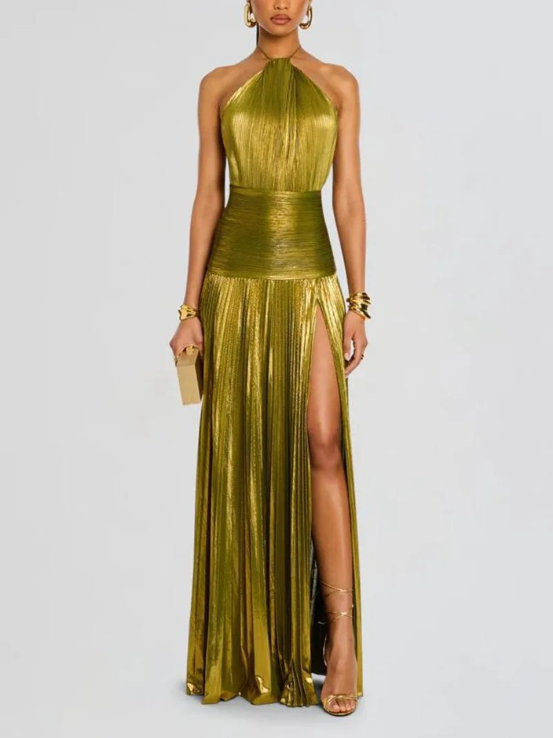 Sexy Off Shoulder Halter Folds Slit Long Dress Luxurious Women Corset Party Dress Gold Halter Neck Evening Dress
