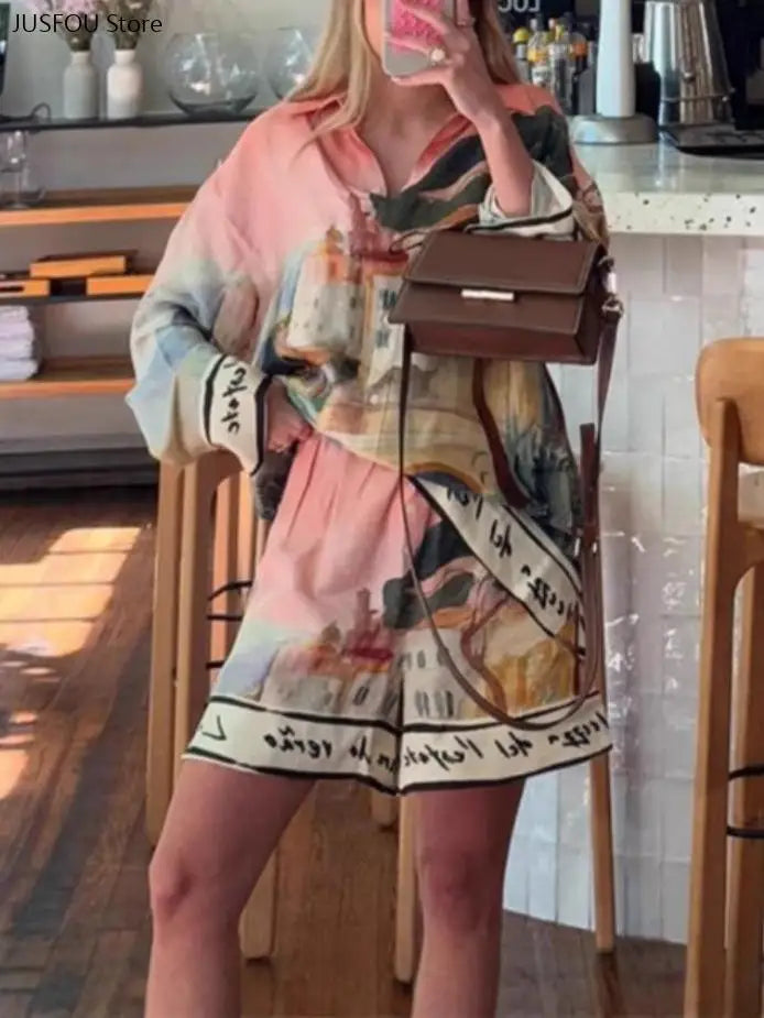 Ladies Fashion Casual Matching Outfit Daily Vacation Wear Women Autumn New Printed Shirt and Shorts Two Piece Set - Shellss