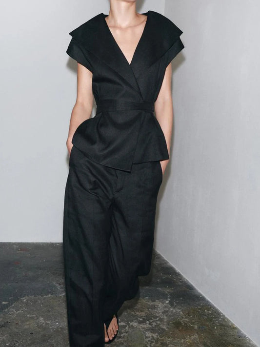 Black Linen Lapel Pants Set