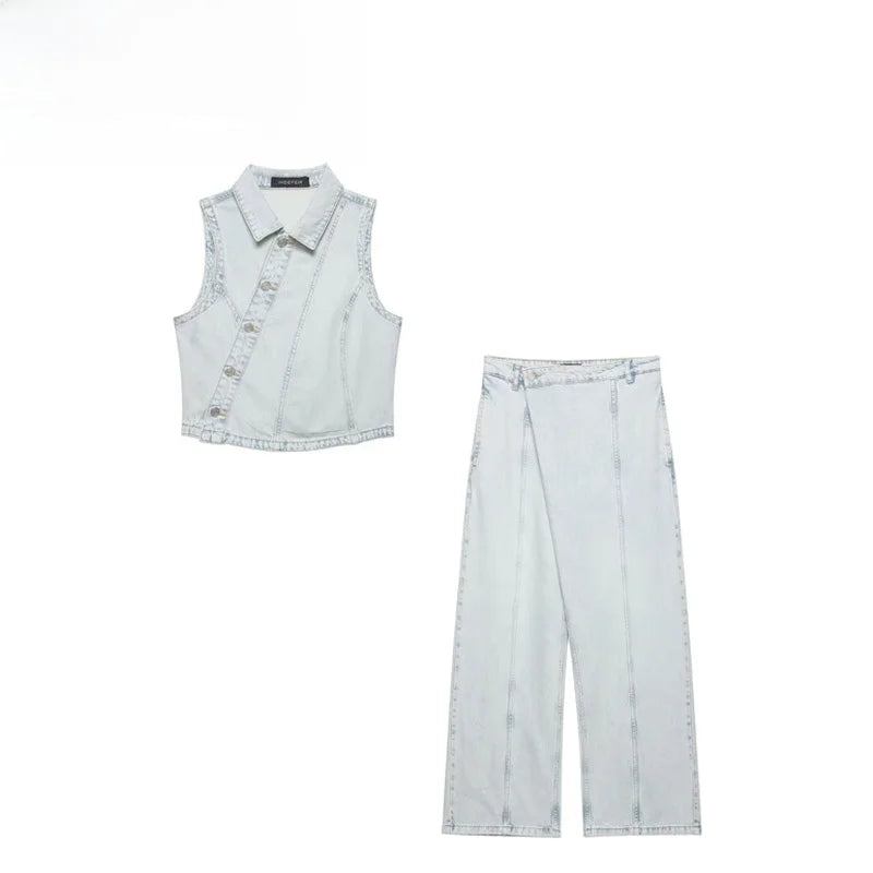 Fashionable Denim Vest And Pants Set Low Waist Long Pants Short Style Spring Season Chinese Brand Women's Clothing Ensemble