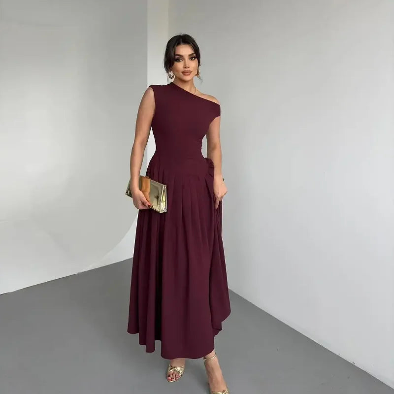 Elegant Wine Red Irregular Neck High Waist Pleated Hem