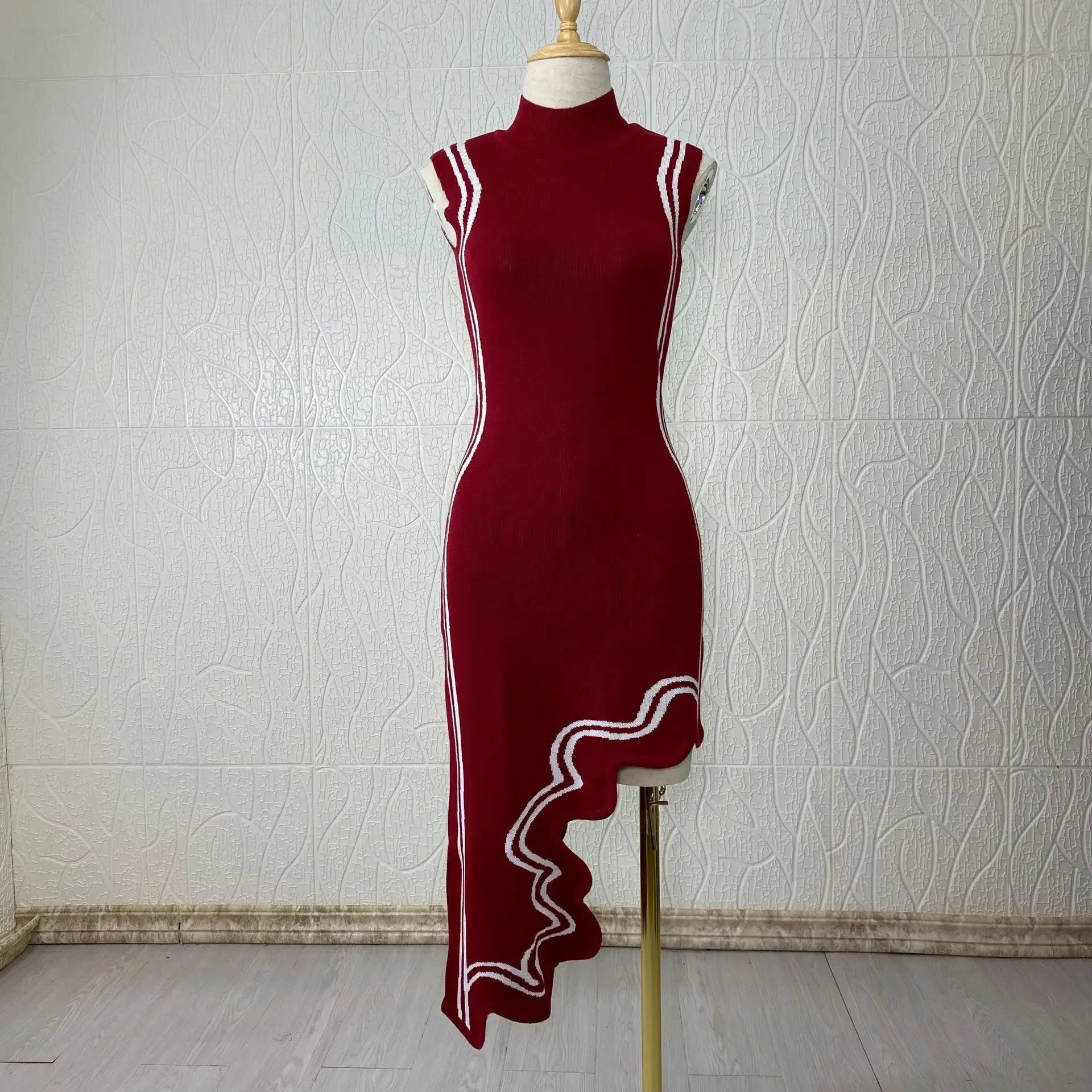 Asymmetric Wave Edge Dress BottomRound Neck Tanlan White Inlaid Edge Knit No Sleeves Dress Autumn New Style