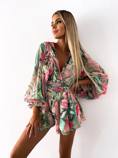 Boho Chic V-Neck Lantern Sleeve Romper