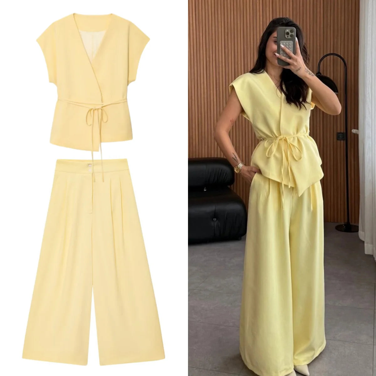 Butter yellow Wide-leg Pants Set