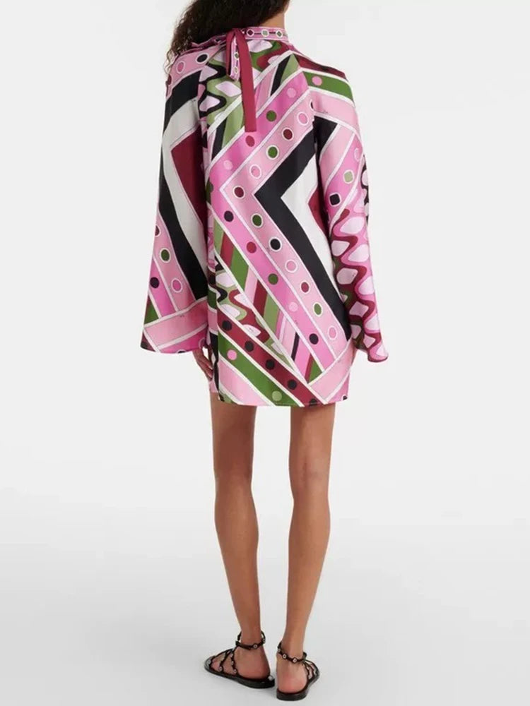 Design retro geometric positioning print round neck tie pullover dress 2026 autumn women's clothing fashion loose straight skirt - Shellss