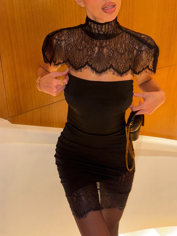 Kliou Lace Patchwork Dress+Turtleneck Shawl