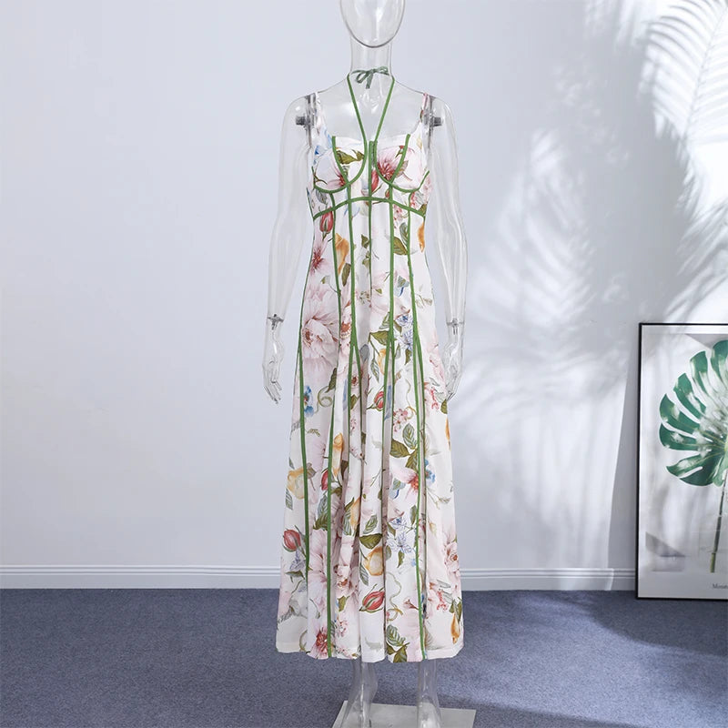 Women's Floral Print Linen Blend Maxi Dress Sweetheart Neckline Sleeveless Panelled Form With Contrast Floral Print
