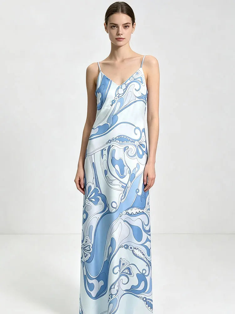 Sexy Summer Women's New Satin Elegant Dress V-Neck Thin Shoulder Strap Geometric Printing Suspenders Elegant Party Holiday Dress
