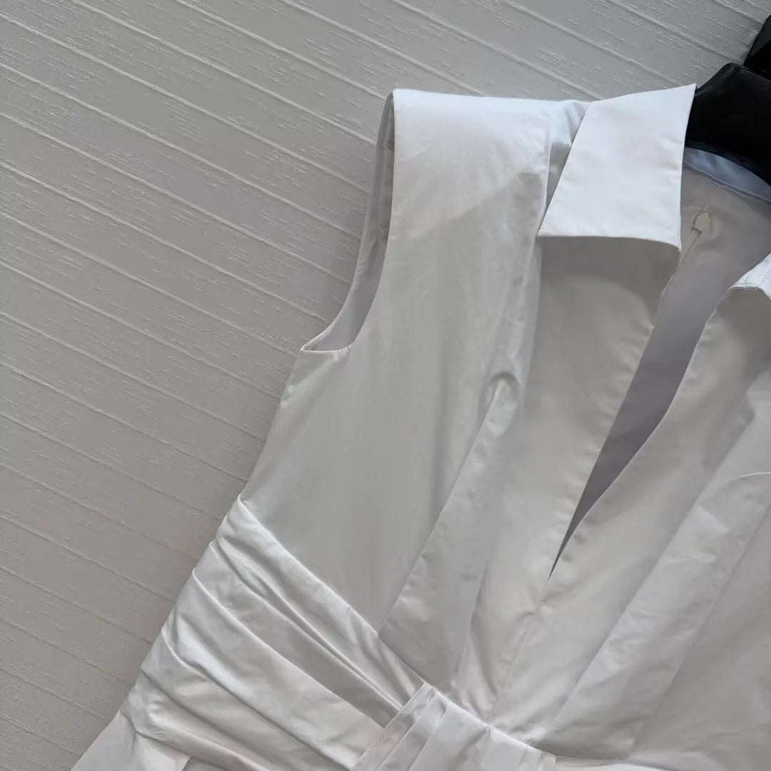 Elegant Fashion Summer White Dress Women Sweet Lapel Sleeveless Slim Wasit Lace-up Belt Mini Dresses