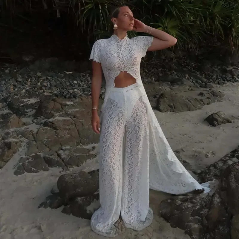Casual Lace Long Coats Pant Set Women Solid See Through Tops Long Straight Pants Sets Female 2026 Spring Summer Lady Suits
