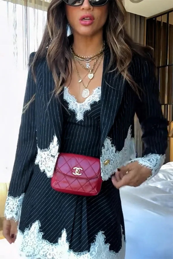 Temperament Women's Dress Two Piece Set White Lace Patchwork Spaghetti Strap Dresses Blazer 2 Piece Sets Fashion Trendy Female