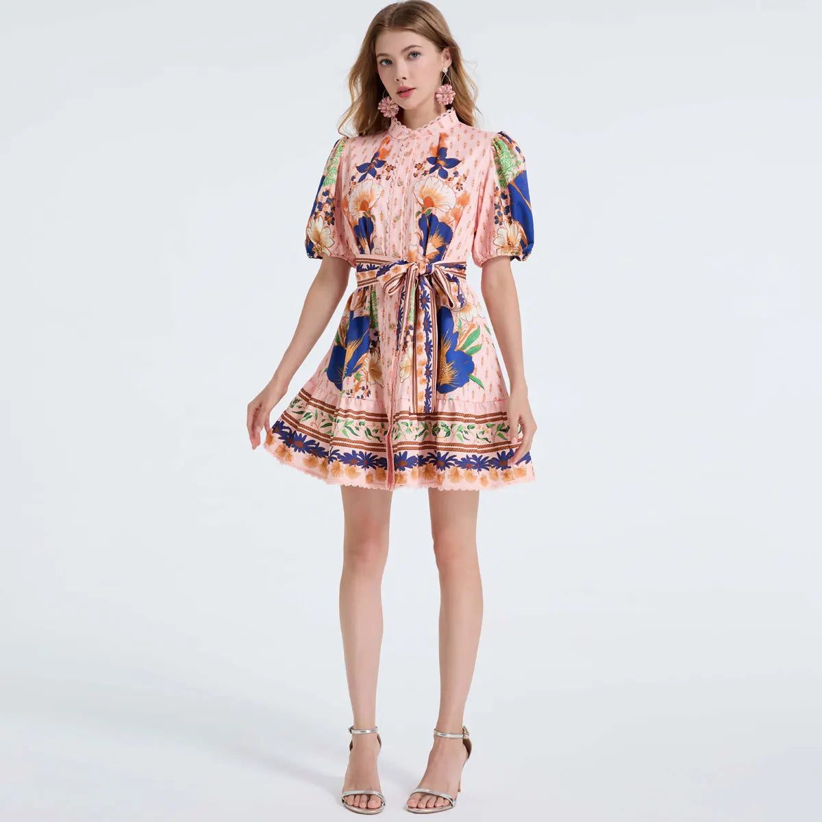 Pink Bubble Sleeve Ruffle Hem Slimming Dress with Belt Large Skirt Dress Single Button Print Street Style Long A- Line Dress New
