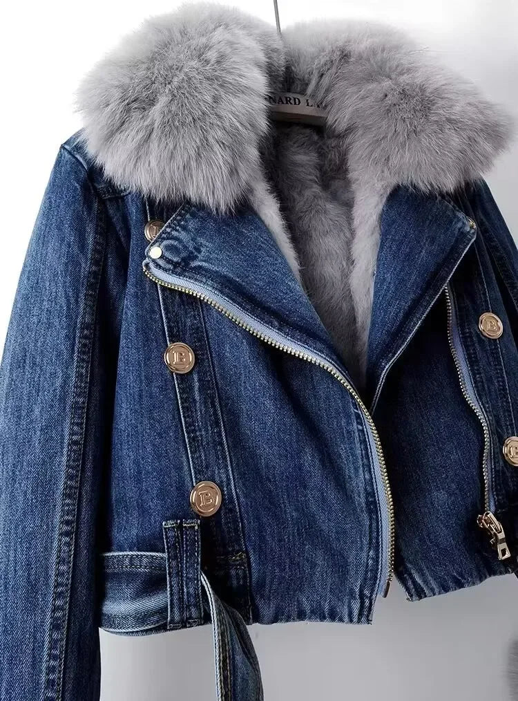 Denim Jacket Casual Punk Biker Faux Fox Fur Zipper Cowboy Coat