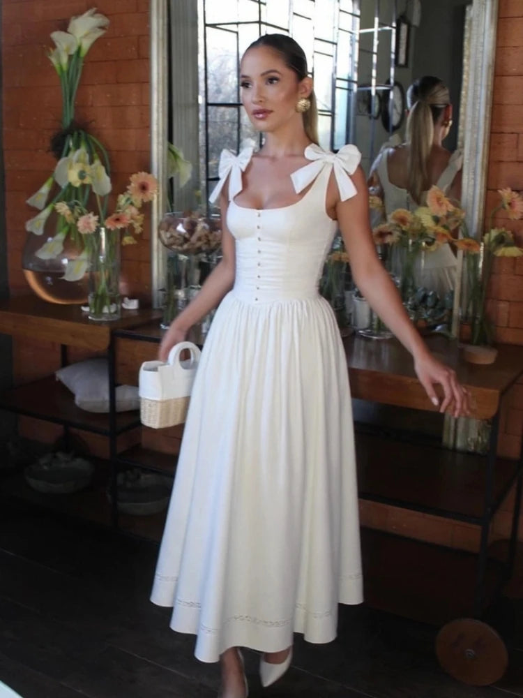 White Waist Cinching Vintage Midi Dress