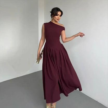 Elegant Wine Red Irregular Neck High Waist Pleated Hem