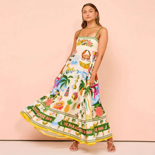 Paradise Graffiti Print Linen Dress