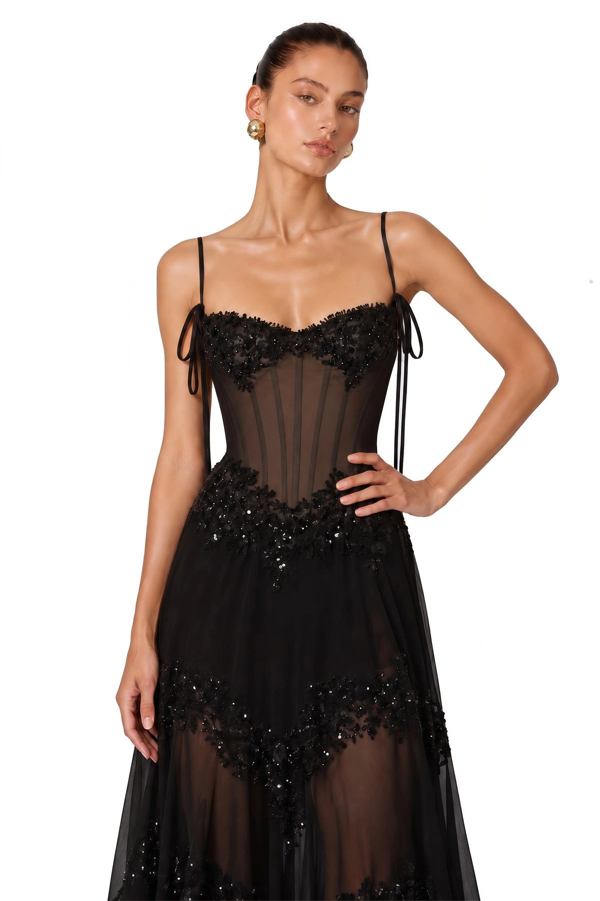 2026 New Black Spaghetti Strap Corset Evening Gown, 3D Floral Beaded Lace Sheer Mermaid Maxi Dress Prom Wedding Guest Red Carpet - Shellss
