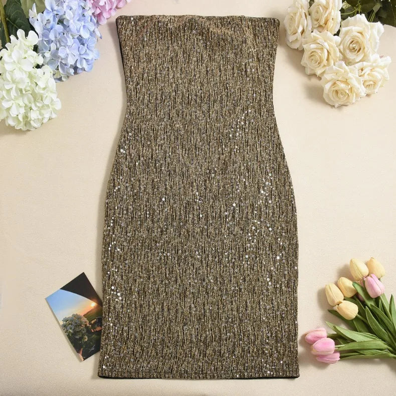 Splicing Contrasting Sequin Strapless Dress Sexy Solid Color Short Skirt Birthday Party Solid Color Dinner Dress