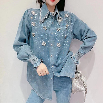 2025 Chic Diamonds Beaded Flowers Denim Blouses Rhinestones