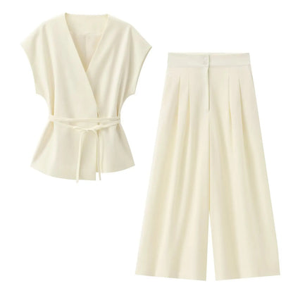 V-Neck Wrap Belted Pants Sets