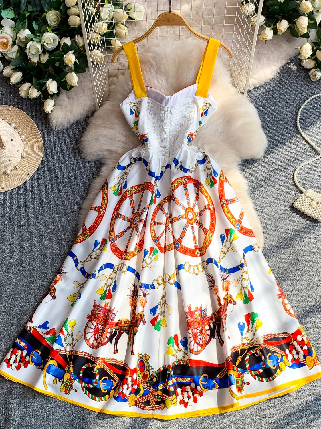 Retro Print Strapless Tube Dress Women's Summer Slimming A-Line Long Dress Court Style with Chest Pad Comfortable Breathable