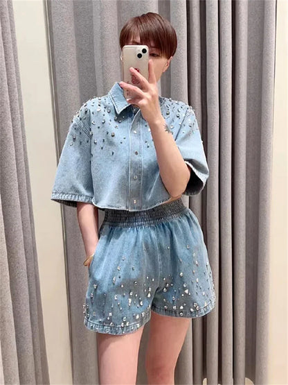 Women Denim Set Diamond Decorative Turn-Down Collar Single Breasted Short Shirt or Elastic Waist Shorts Ladies 2024 Summer Suit