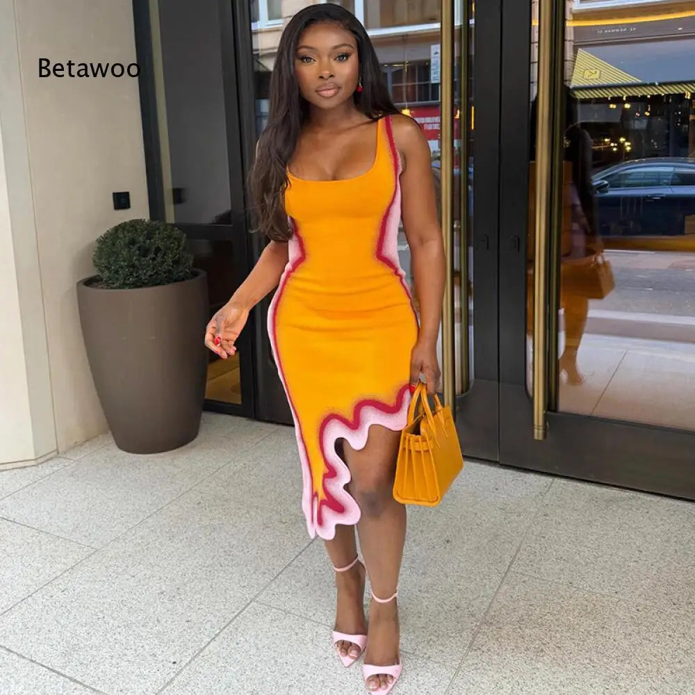 Square Neck Sleeveless Fitted Midi Dress Gradient Color Wavy Ruffle Trim Asymmetric Hem Evening Outfit For Women