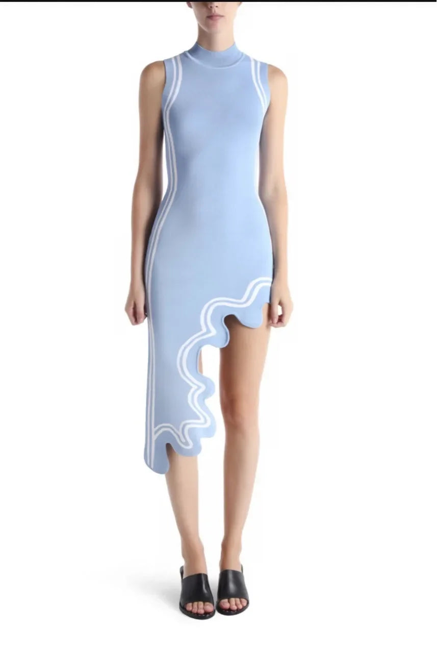 Asymmetric Wave Edge Dress BottomRound Neck Tanlan White Inlaid Edge Knit No Sleeves Dress Autumn New Style