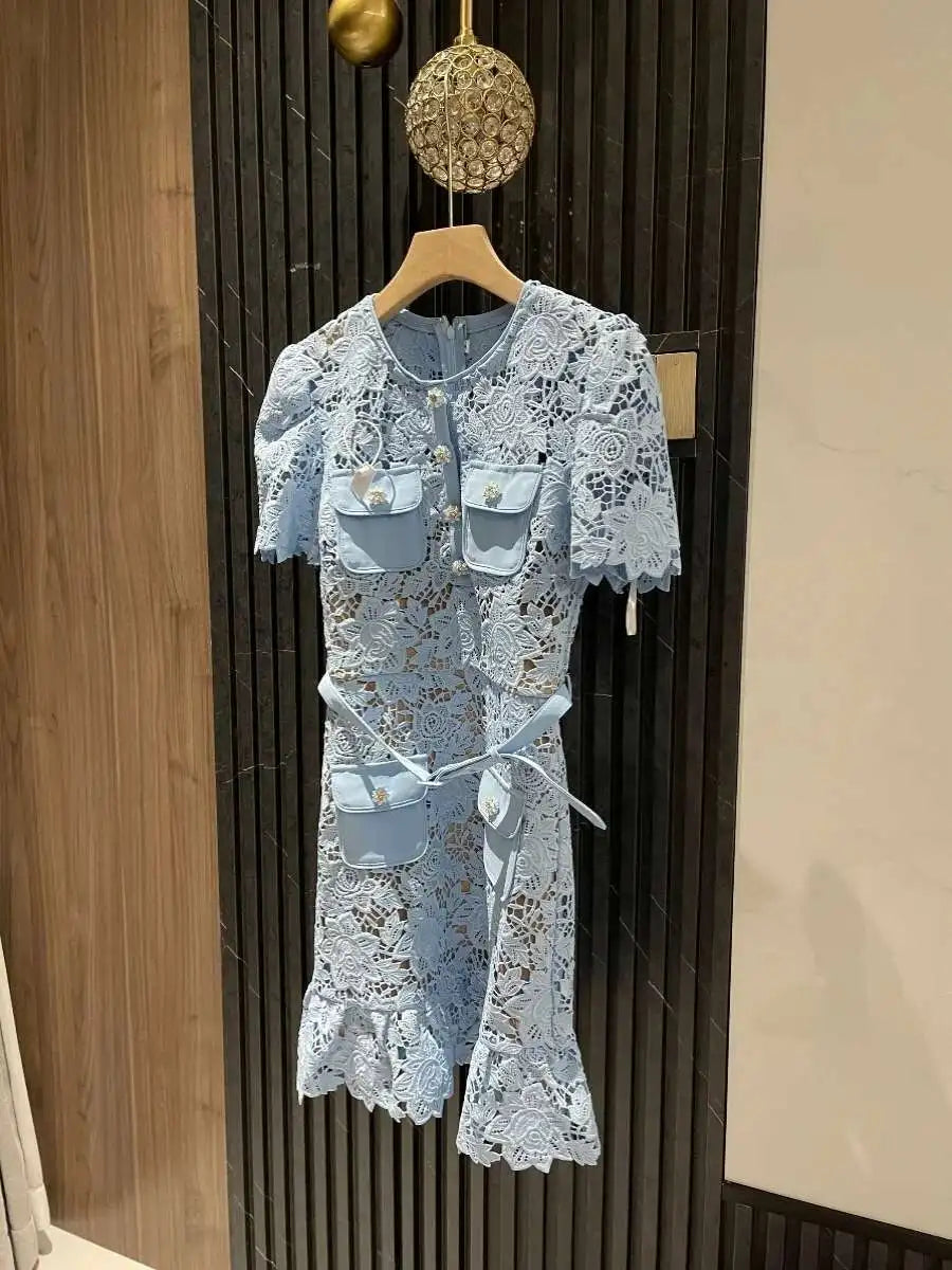 Runway Elegant Blue Embroidery Lace Dresses