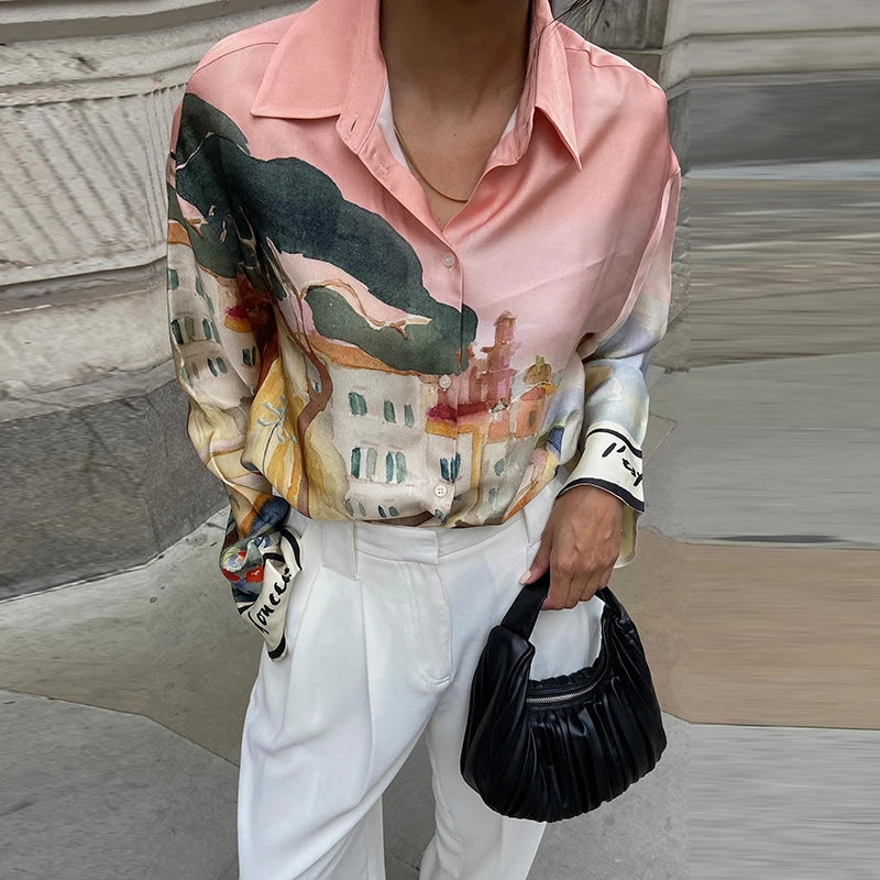 Fashion Printed 2 Piece Set Loose Lapel Button Long Sleeved Shirt Elastic Waist Shorts Suit 2025 Summer Autumn Beach Lady Set
