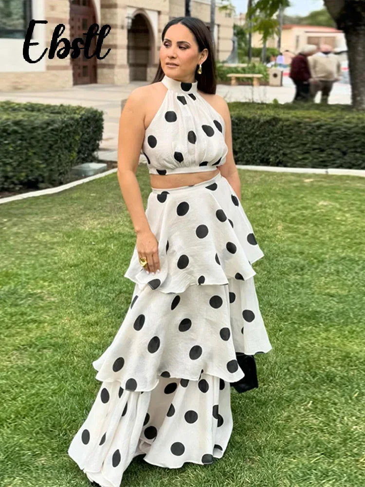 1 Polka Dots Vest Ruffles A-line Long Skirt set