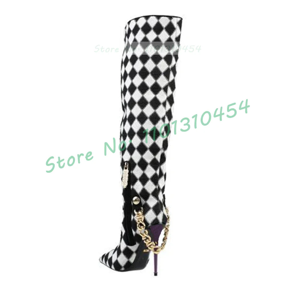 Black-white Checkered Knee-high Boots Women Stylish Gold Chain