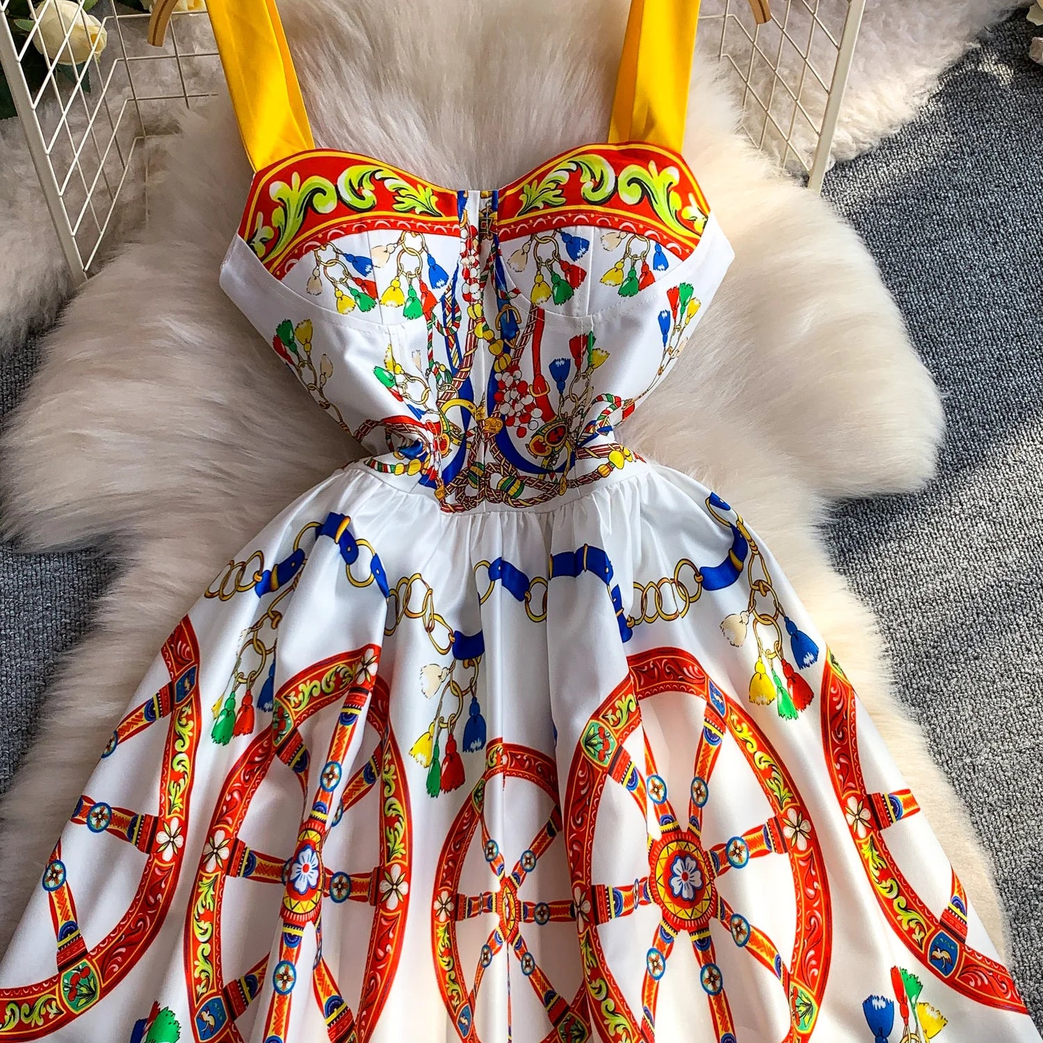 Retro Print Strapless Tube Dress Women's Summer Slimming A-Line Long Dress Court Style with Chest Pad Comfortable Breathable