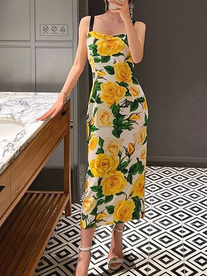 Luxury Dolce Yellow Rose Off-Shoulder Tube Top Dress – Elegant Slim Fit