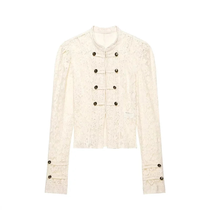 2026French Vintage Floral Lace Cropped Jacket Mandarin Collar Frog Knot Buttons Puff Long Sleeve Slim Retro Outerwear for Women