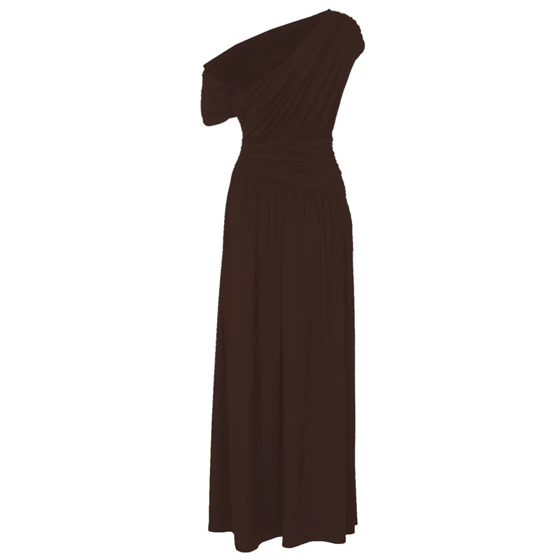 Hugcitar One Shoulder Ruched Sleeveless Solid Pleated Sexy Irregular Y2K Maxi Dress Summer Elegant Party Women Clothes Vacation - Shellss