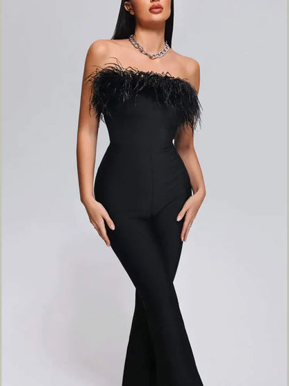 Women Strapless Sleeveless Off Shoulder Feather Design Bandage Jumpsuit