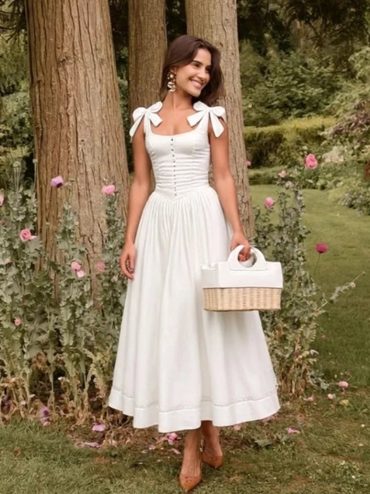 White Waist Cinching Vintage Midi Dress