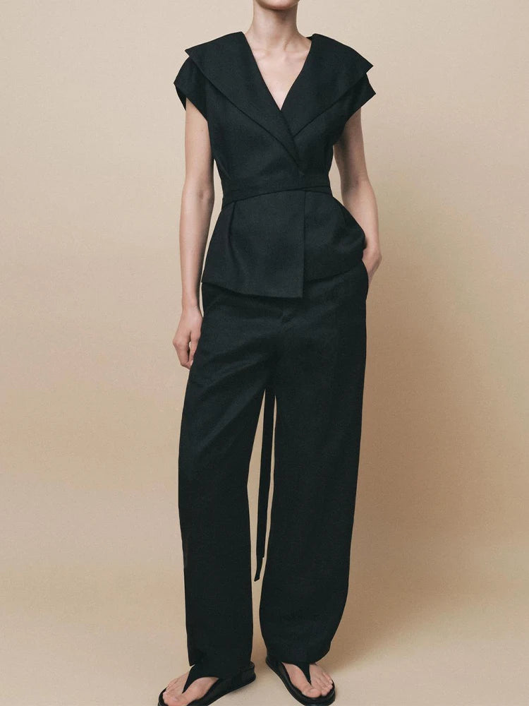 Black Linen Lapel Pants Set