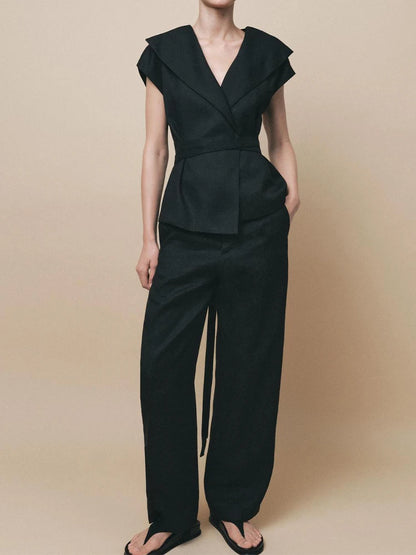 Black Linen Lapel Pants Set