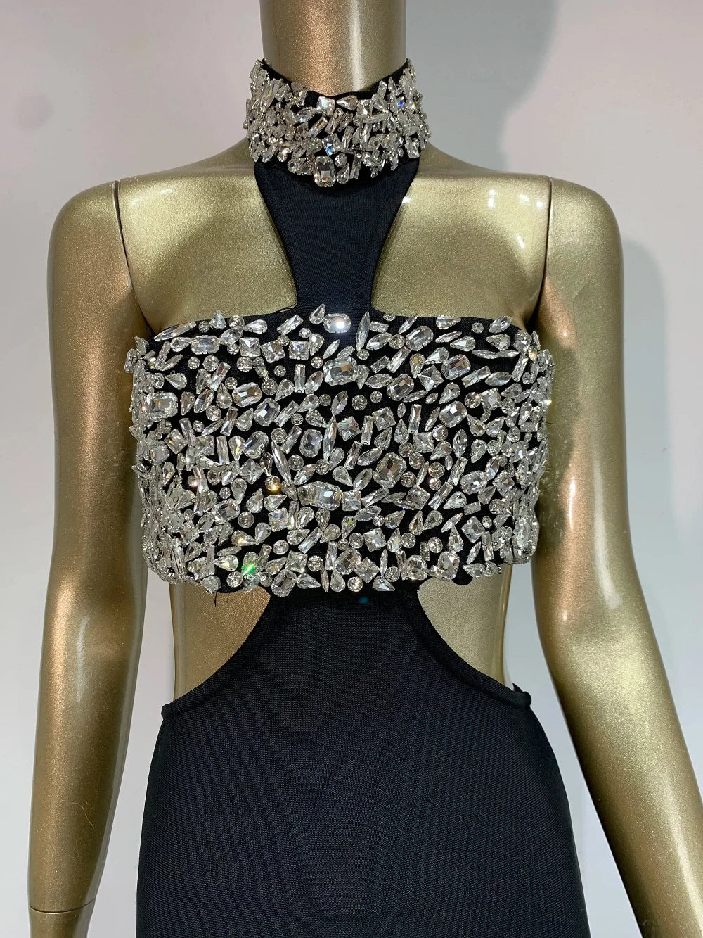 2025 Women Celebrity Sexy Halter Beading Crystal Black Maxi Long Bodycon Bandage Dress Elegant Evening Club Party Dress
