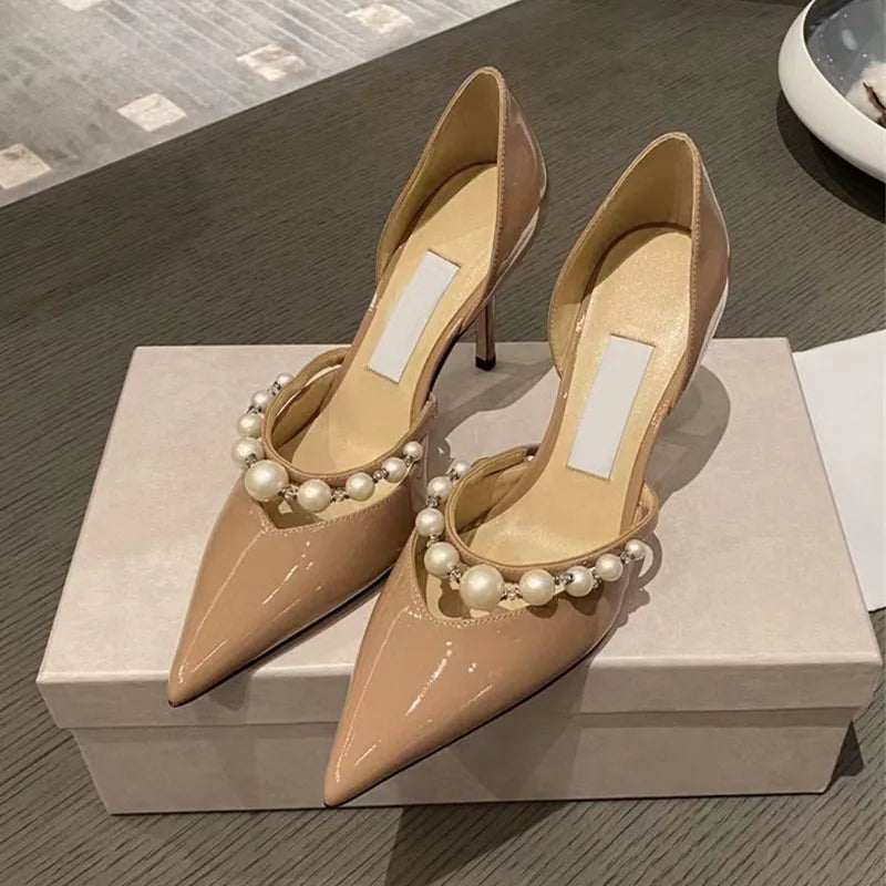 Star style Luxury Pearls Rhinestones Leather Pumps